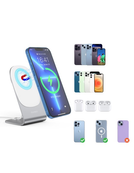 
15W Qi indukcinis įkroviklis su MagSafe + magnetinis telefono stovas - baltas
