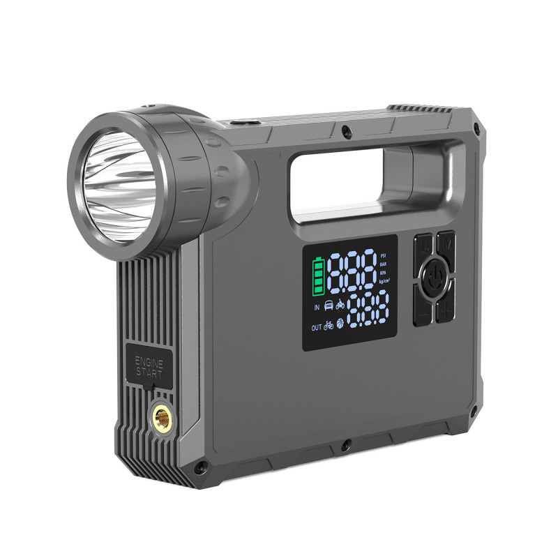 4in1 automobilio užvedimas Jump Starter + 8000mAh maitinimo blokas + kompresorius + LED žibintuvėlis - juodas