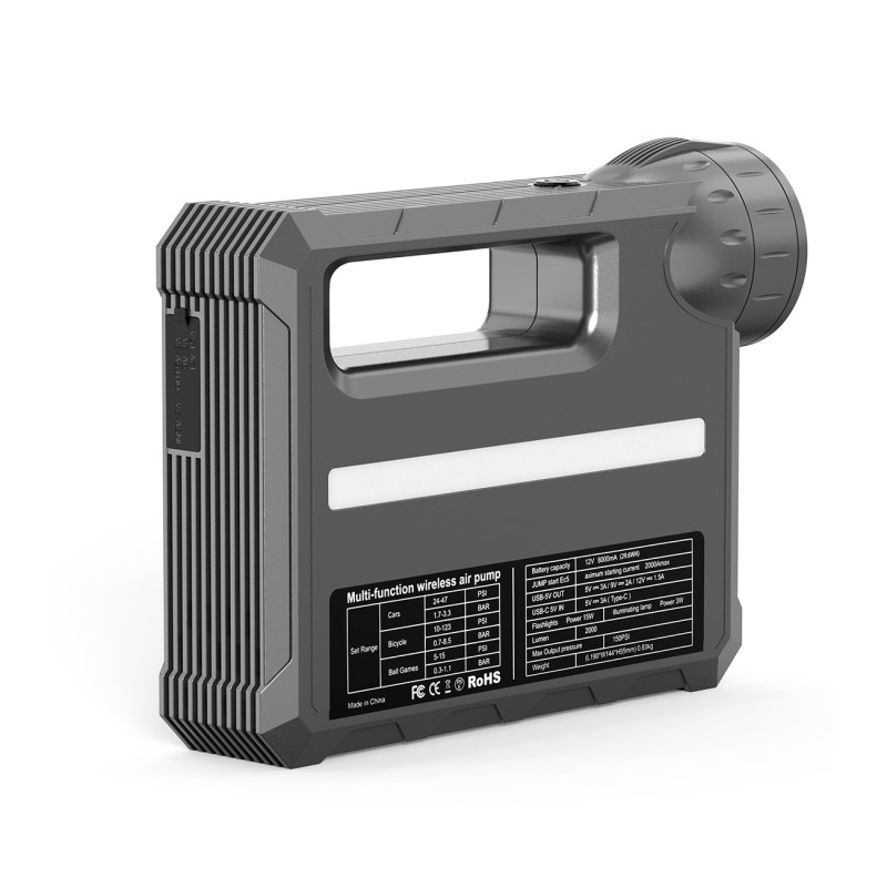 4in1 automobilio užvedimas Jump Starter + 8000mAh maitinimo blokas + kompresorius + LED žibintuvėlis - juodas
