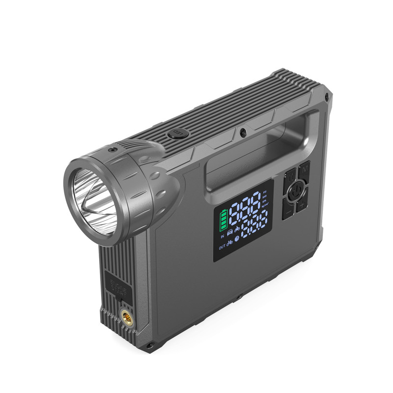 4in1 automobilio užvedimas Jump Starter + 8000mAh maitinimo blokas + kompresorius + LED žibintuvėlis - juodas