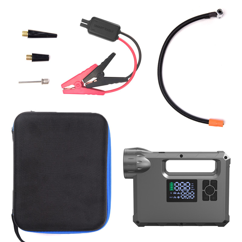 4in1 automobilio užvedimas Jump Starter + 8000mAh maitinimo blokas + kompresorius + LED žibintuvėlis - juodas
