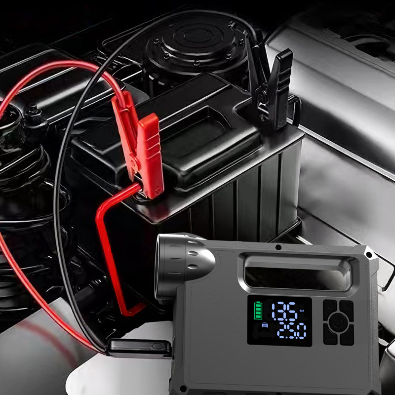 4in1 automobilio užvedimas Jump Starter + 8000mAh maitinimo blokas + kompresorius + LED žibintuvėlis - juodas