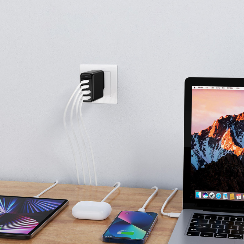 GaN 140W maitinimo įkroviklis 4 prievadai 2x USB-C + 2x USB - juodas