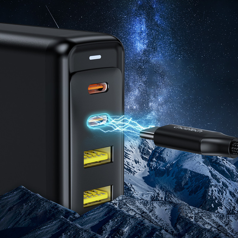 GaN 140W maitinimo įkroviklis 4 prievadai 2x USB-C + 2x USB - juodas