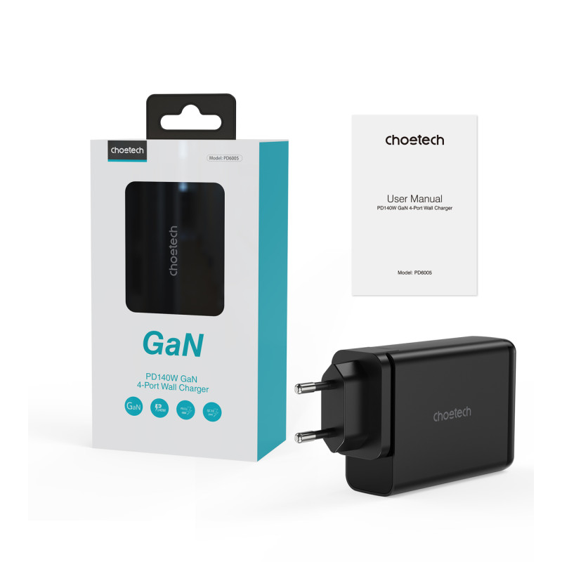 GaN 140W maitinimo įkroviklis 4 prievadai 2x USB-C + 2x USB - juodas