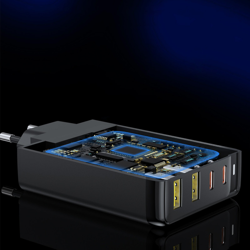 GaN 140W maitinimo įkroviklis 4 prievadai 2x USB-C + 2x USB - juodas