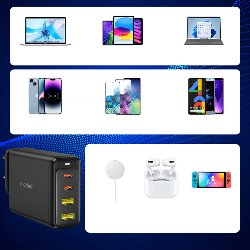 GaN 140W maitinimo įkroviklis 4 prievadai 2x USB-C + 2x USB - juodas