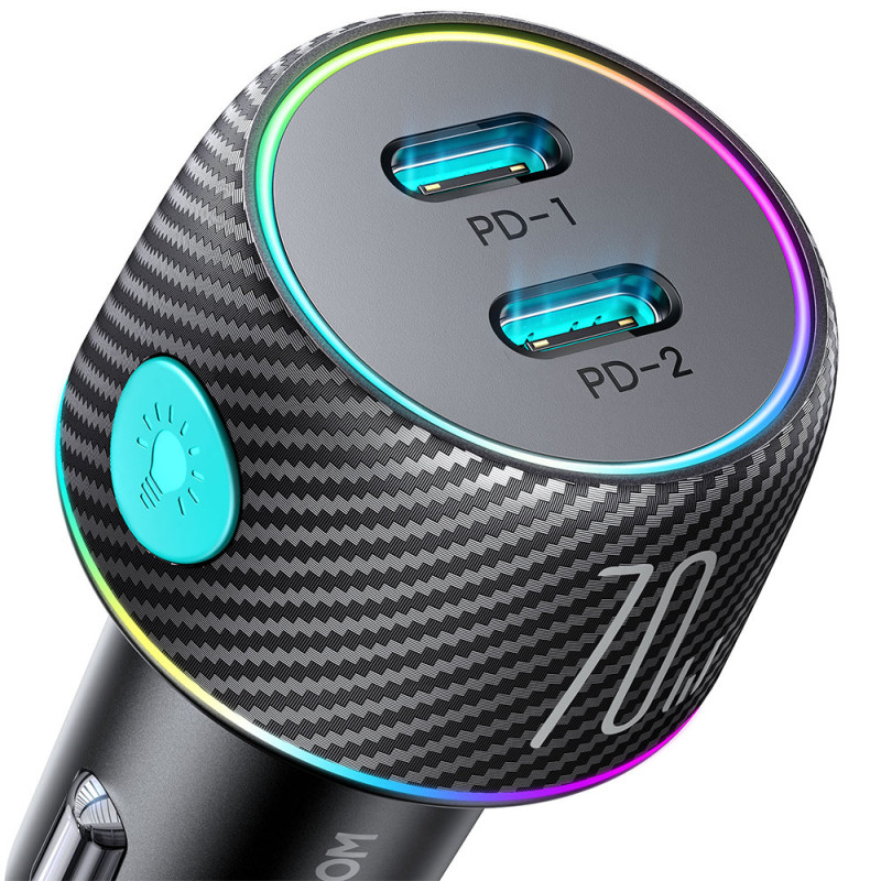 Dvigubas automobilinis įkroviklis 2x USB-C 70W su LED apšvietimu JR-CCN02 - juodas