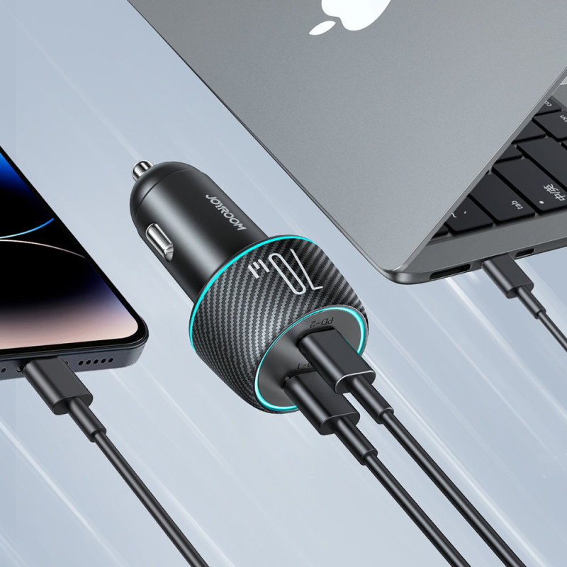 Dvigubas automobilinis įkroviklis 2x USB-C 70W su LED apšvietimu JR-CCN02 - juodas