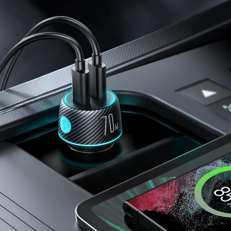 Dvigubas automobilinis įkroviklis 2x USB-C 70W su LED apšvietimu JR-CCN02 - juodas