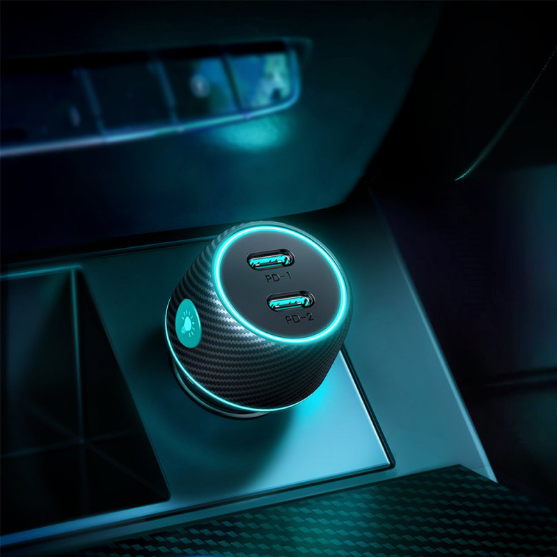 Dvigubas automobilinis įkroviklis 2x USB-C 70W su LED apšvietimu JR-CCN02 - juodas