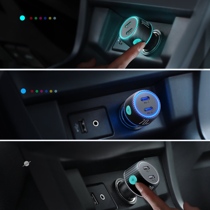 Dvigubas automobilinis įkroviklis 2x USB-C 70W su LED apšvietimu JR-CCN02 - juodas