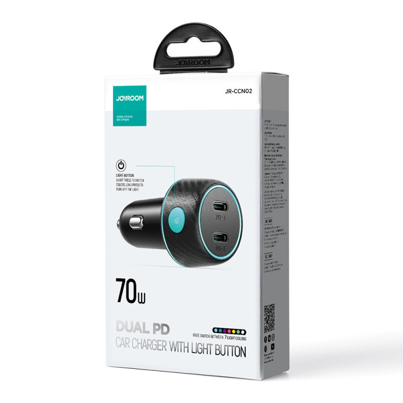 Dvigubas automobilinis įkroviklis 2x USB-C 70W su LED apšvietimu JR-CCN02 - juodas