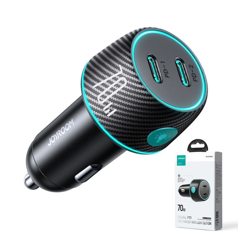 Dvigubas automobilinis įkroviklis 2x USB-C 70W su LED apšvietimu JR-CCN02 - juodas