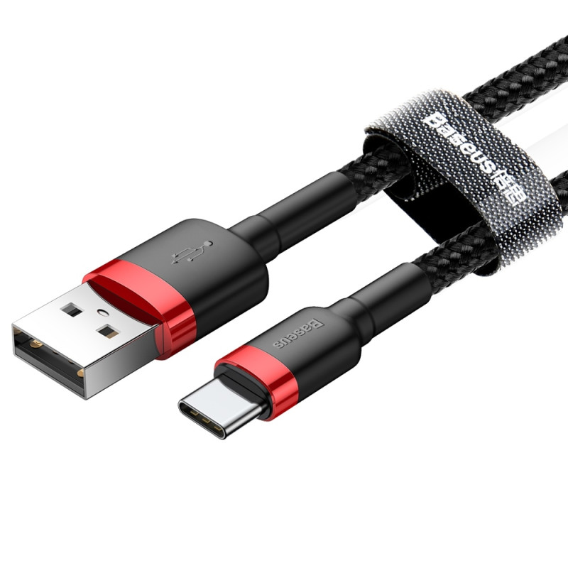 Patvarus nailoninis kabelis USB laidas – USB-C QC3.0 3A 0.5M juodos ir raudonos spalvos