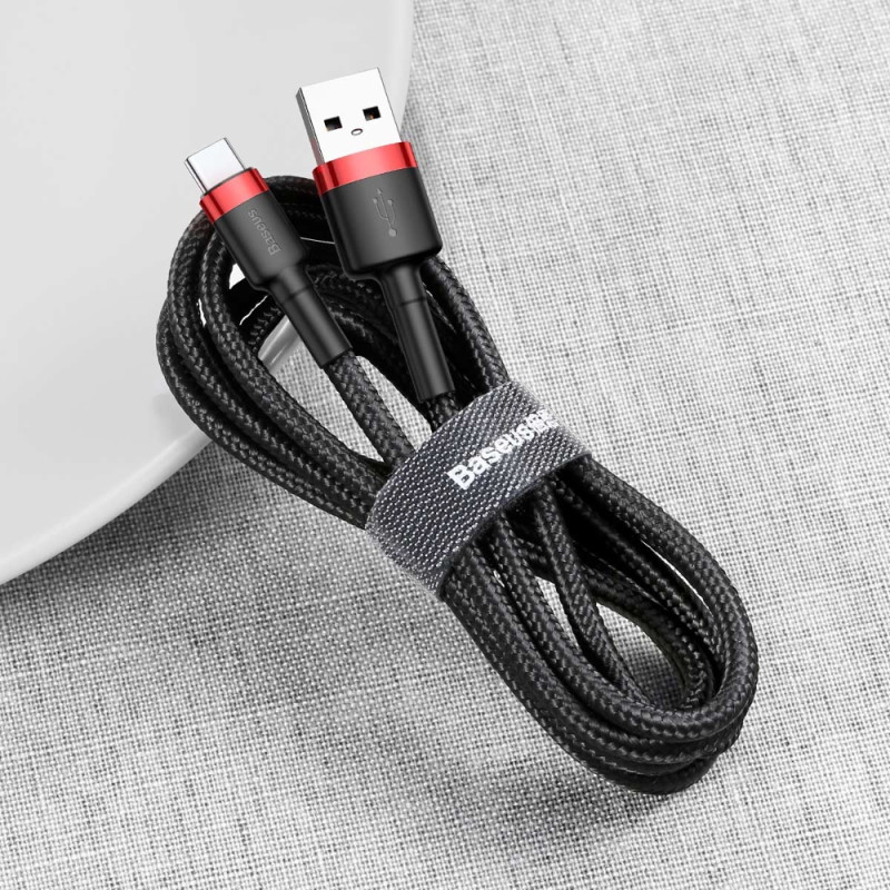 Patvarus nailoninis kabelis USB laidas – USB-C QC3.0 3A 0.5M juodos ir raudonos spalvos