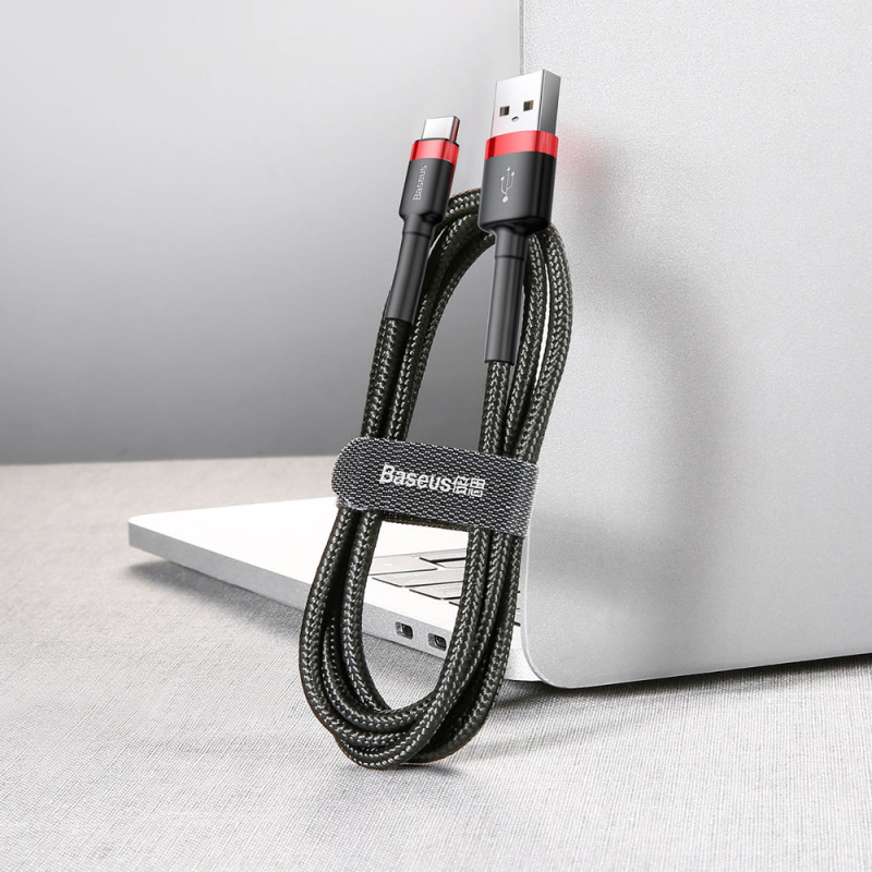 Patvarus nailoninis kabelis USB laidas – USB-C QC3.0 3A 0.5M juodos ir raudonos spalvos