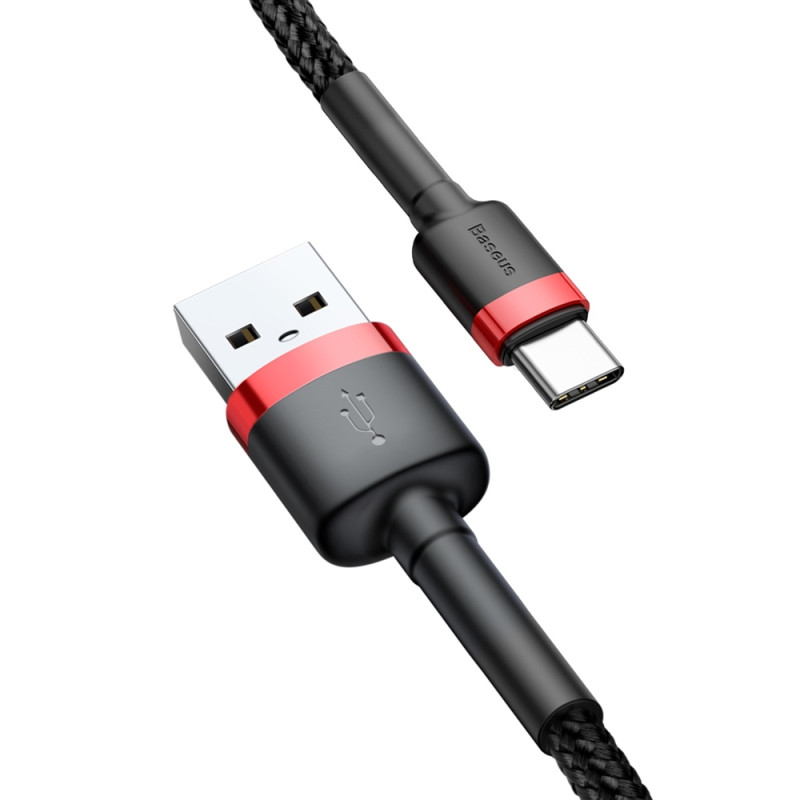 Patvarus nailoninis kabelis USB laidas – USB-C QC3.0 3A 0.5M juodos ir raudonos spalvos
