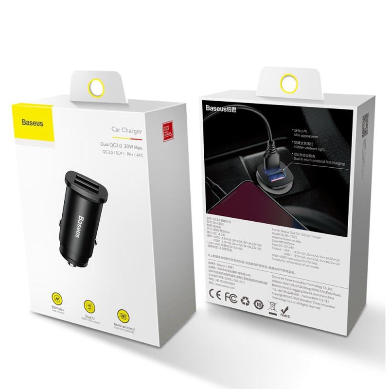 
Išmanusis automobilinis įkroviklis Square 2x USB QC3.0 Quick Charge 3.0 SCP AFC 30W juodas
