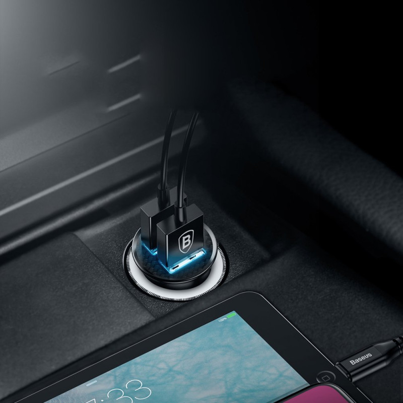 Išmanusis automobilinis įkroviklis Circular 2x USB QC3.0 Quick Charge 3.0 SCP AFC 30W juodas