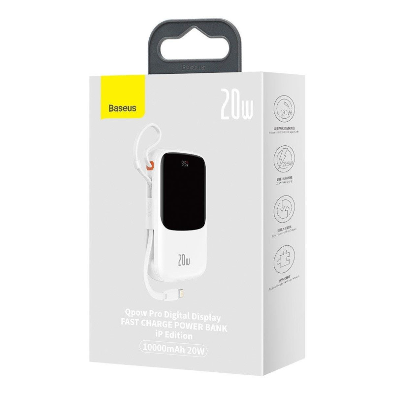 Maitinimo bankas su greitu įkrovimu 10000mAh 20W QC-PD-SCP-FCP laidas iPhone Lightning white