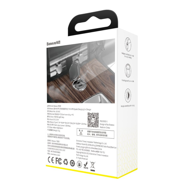 Tiny Star PPS USB-C 30W Quick Charge PD mini išmanusis automobilinis įkroviklis, pilka