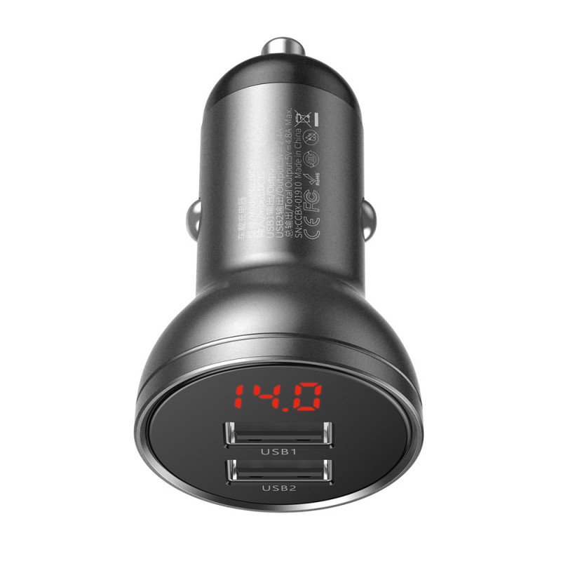 
Automobilinis pakrovėjas 2x USB 4.8A 24W su LCD ekranu, pilkas
