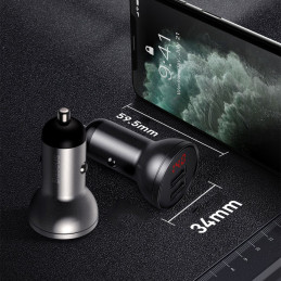 
Automobilinis pakrovėjas 2x USB 4.8A 24W su LCD ekranu, pilkas
