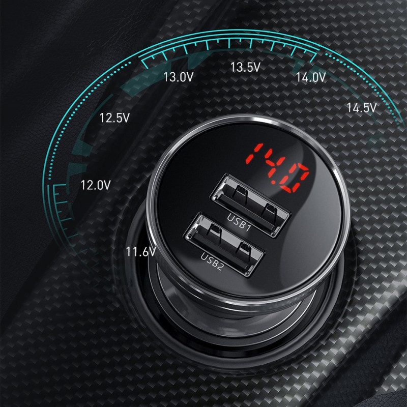 
Automobilinis pakrovėjas 2x USB 4.8A 24W su LCD ekranu, pilkas
