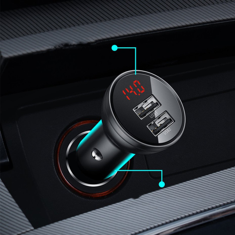 
Automobilinis pakrovėjas 2x USB 4.8A 24W su LCD ekranu, pilkas
