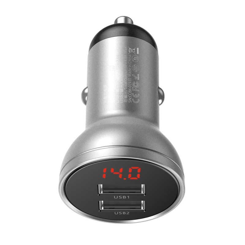 
Automobilinis pakrovėjas 2x USB 4.8A 24W su LCD ekranu, sidabrinis
