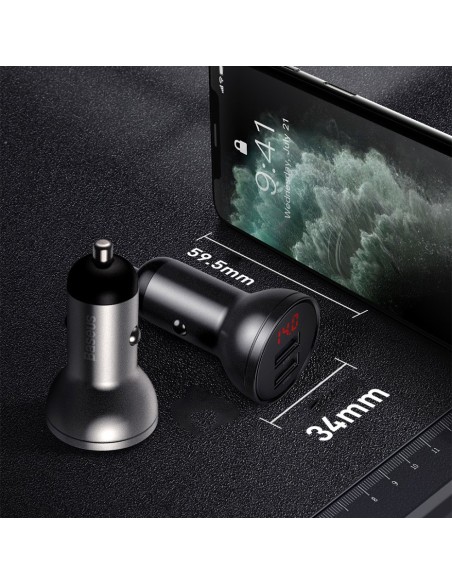 
Automobilinis pakrovėjas 2x USB 4.8A 24W su LCD ekranu, sidabrinis
