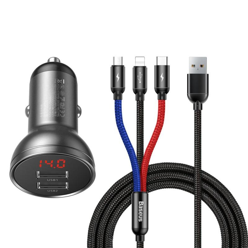 
Automobilinis įkroviklis 2x USB 4.8A 24W su LCD ekranu + 3-in-1 laidas 1,2m juodas
