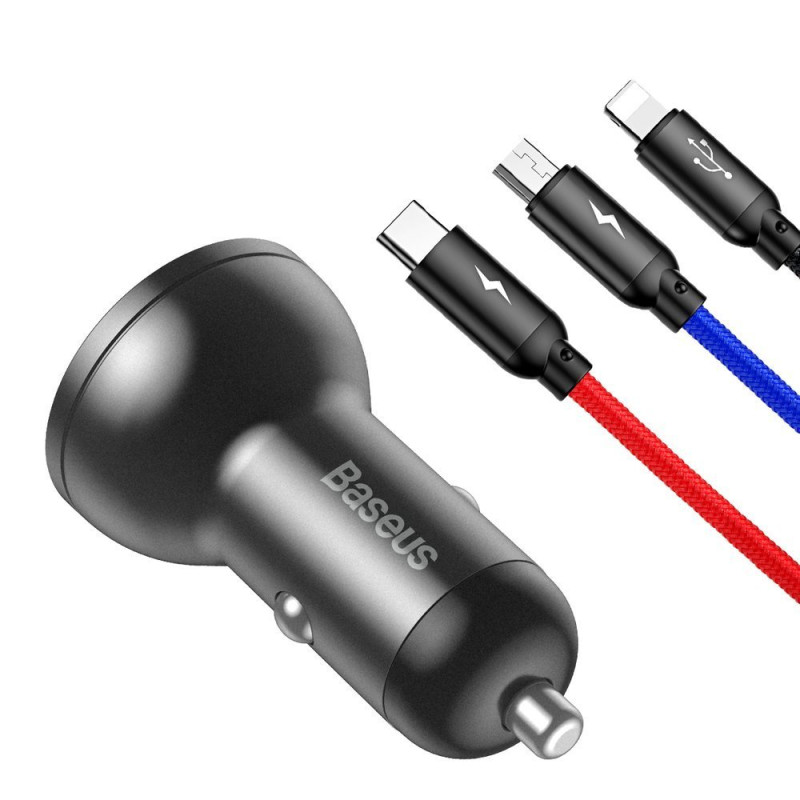 Automobilinis įkroviklis 2x USB 4.8A 24W su LCD ekranu + 3-in-1 laidas 1,2m juodas
