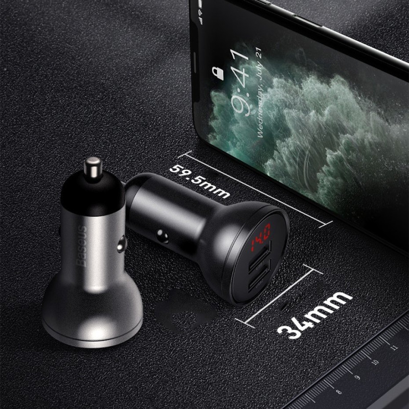 Automobilinis įkroviklis 2x USB 4.8A 24W su LCD ekranu + 3-in-1 laidas 1,2m juodas