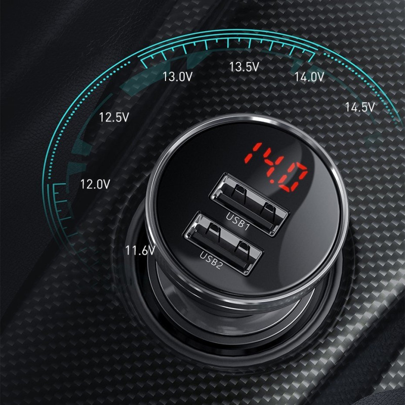 Automobilinis įkroviklis 2x USB 4.8A 24W su LCD ekranu + 3-in-1 laidas 1,2m juodas