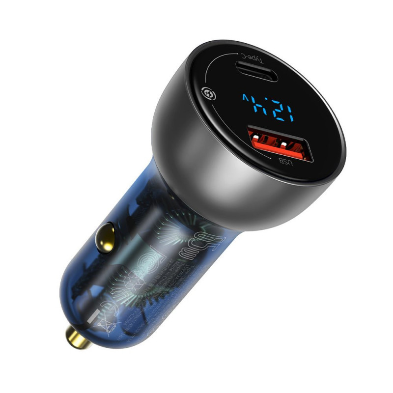 
USB + USB-C 65W Quick Charge automobilinis įkroviklis, skaidrus LCD ekranas
