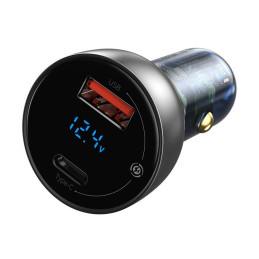 
USB + USB-C 65W Quick Charge automobilinis įkroviklis, skaidrus LCD ekranas
