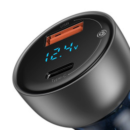 
USB + USB-C 65W Quick Charge automobilinis įkroviklis, skaidrus LCD ekranas
