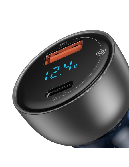 
USB + USB-C 65W Quick Charge automobilinis įkroviklis, skaidrus LCD ekranas
