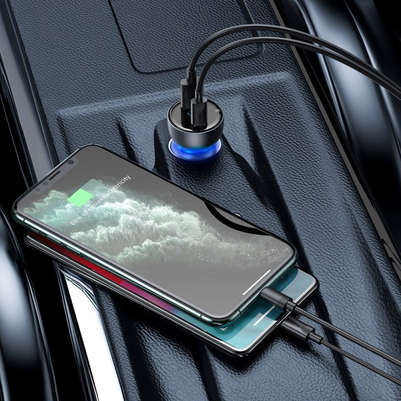 
USB + USB-C 65W Quick Charge automobilinis įkroviklis, skaidrus LCD ekranas
