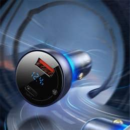 
USB + USB-C 65W Quick Charge automobilinis įkroviklis, skaidrus LCD ekranas
