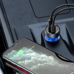 
USB + USB-C 65W Quick Charge automobilinis įkroviklis, skaidrus LCD ekranas
