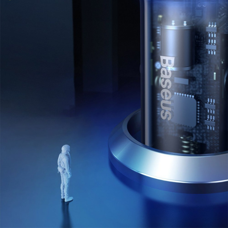 
USB + USB-C 65W Quick Charge automobilinis įkroviklis, skaidrus LCD ekranas
