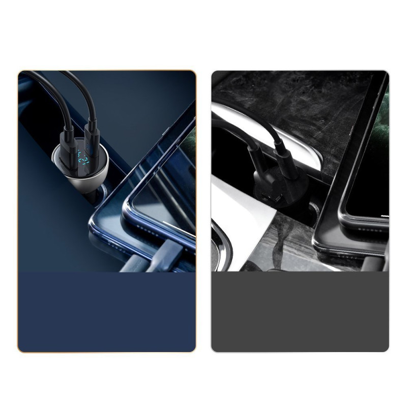 
USB + USB-C 65W Quick Charge automobilinis įkroviklis, skaidrus LCD ekranas
