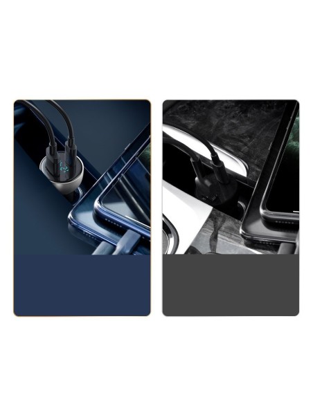 
USB + USB-C 65W Quick Charge automobilinis įkroviklis, skaidrus LCD ekranas
