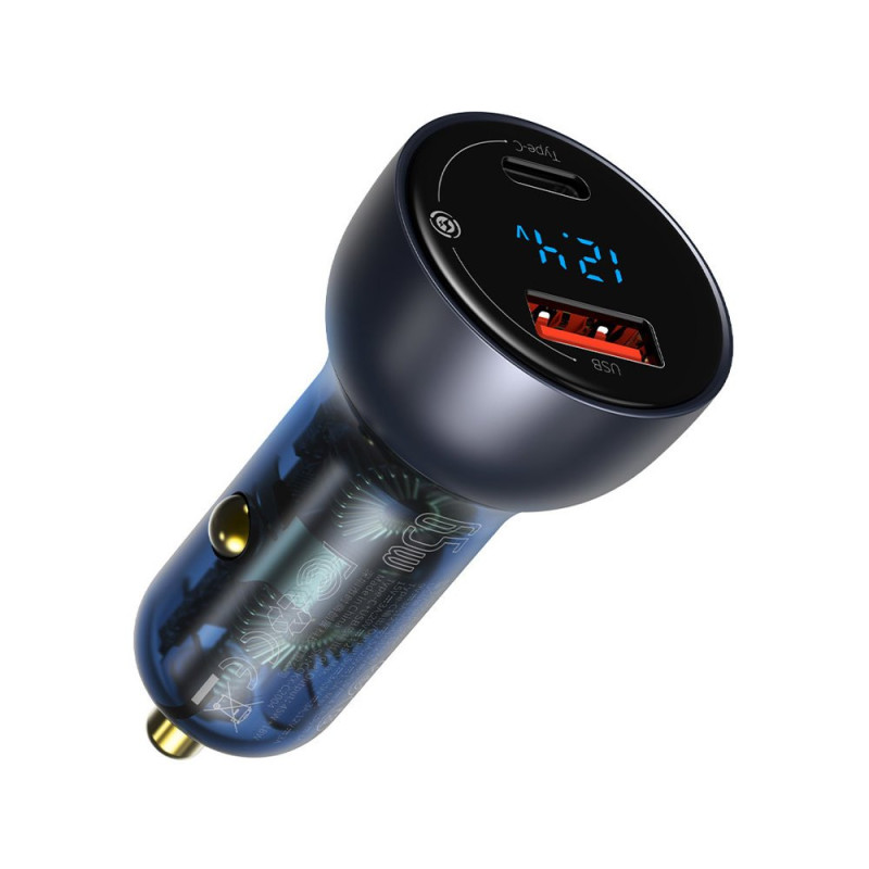 
USB + USB-C 65W Quick Charge automobilinis įkroviklis, pilkas LCD ekranas
