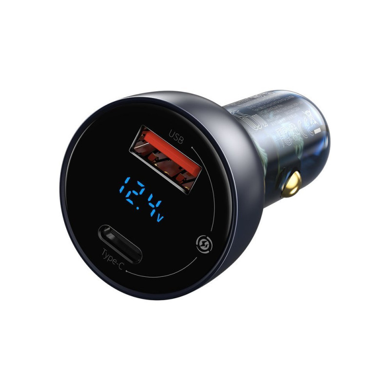 USB + USB-C 65W Quick Charge automobilinis įkroviklis, pilkas LCD ekranas