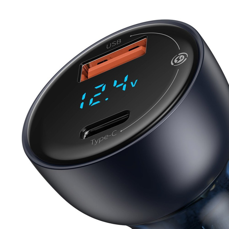 USB + USB-C 65W Quick Charge automobilinis įkroviklis, pilkas LCD ekranas