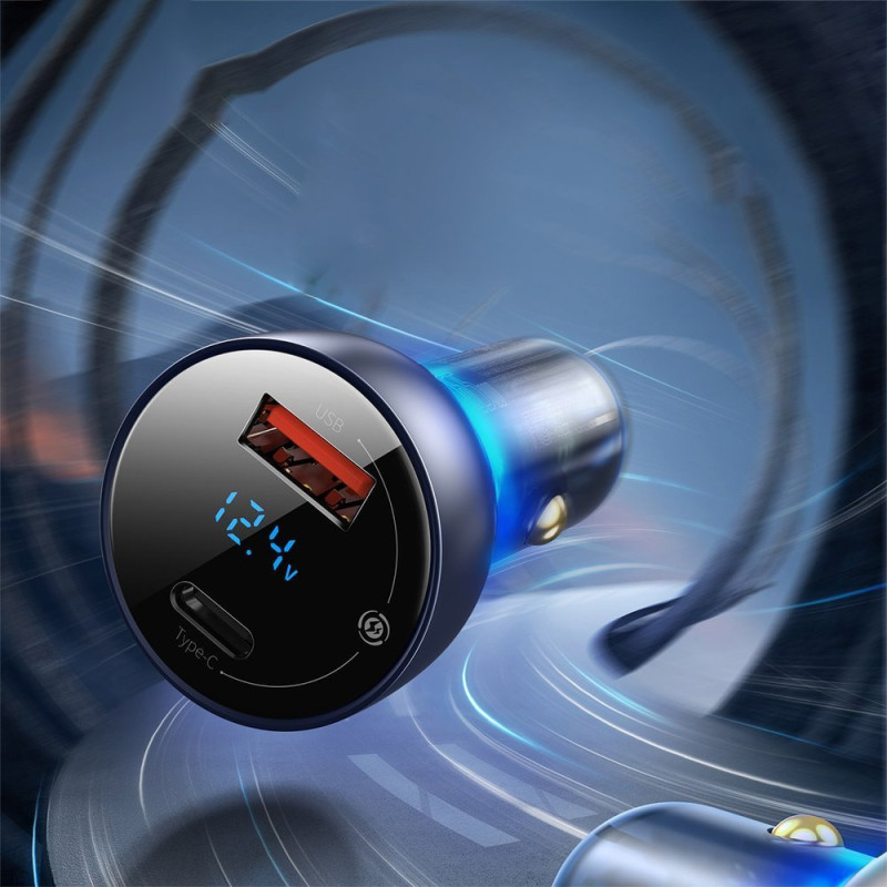 USB + USB-C 65W Quick Charge automobilinis įkroviklis, pilkas LCD ekranas